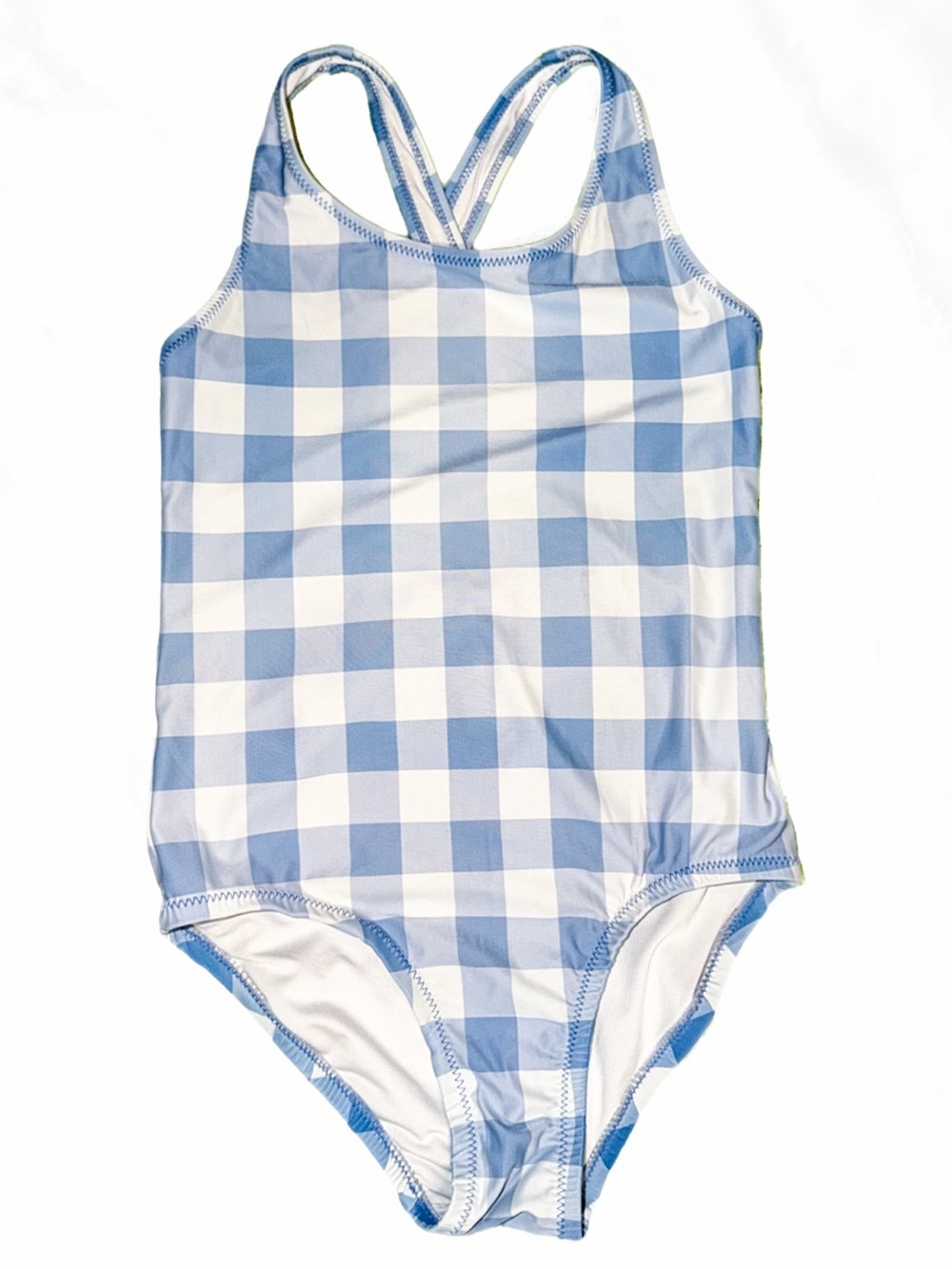Primary Blue White Gingham One-Piece Swimsuit 6 7 Year Girl UPF Eco Sensory NWOT